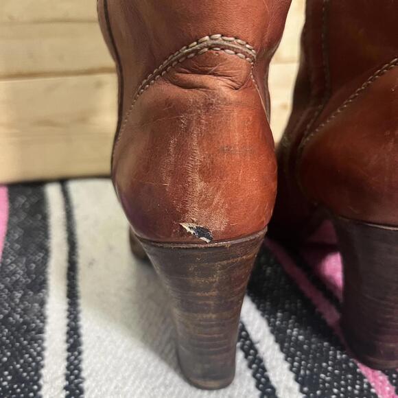 Vintage Made in Italy Genuine Leather Cognac Stacked Cowgirl Boots Womens 7.5 - Picture 6 of 8